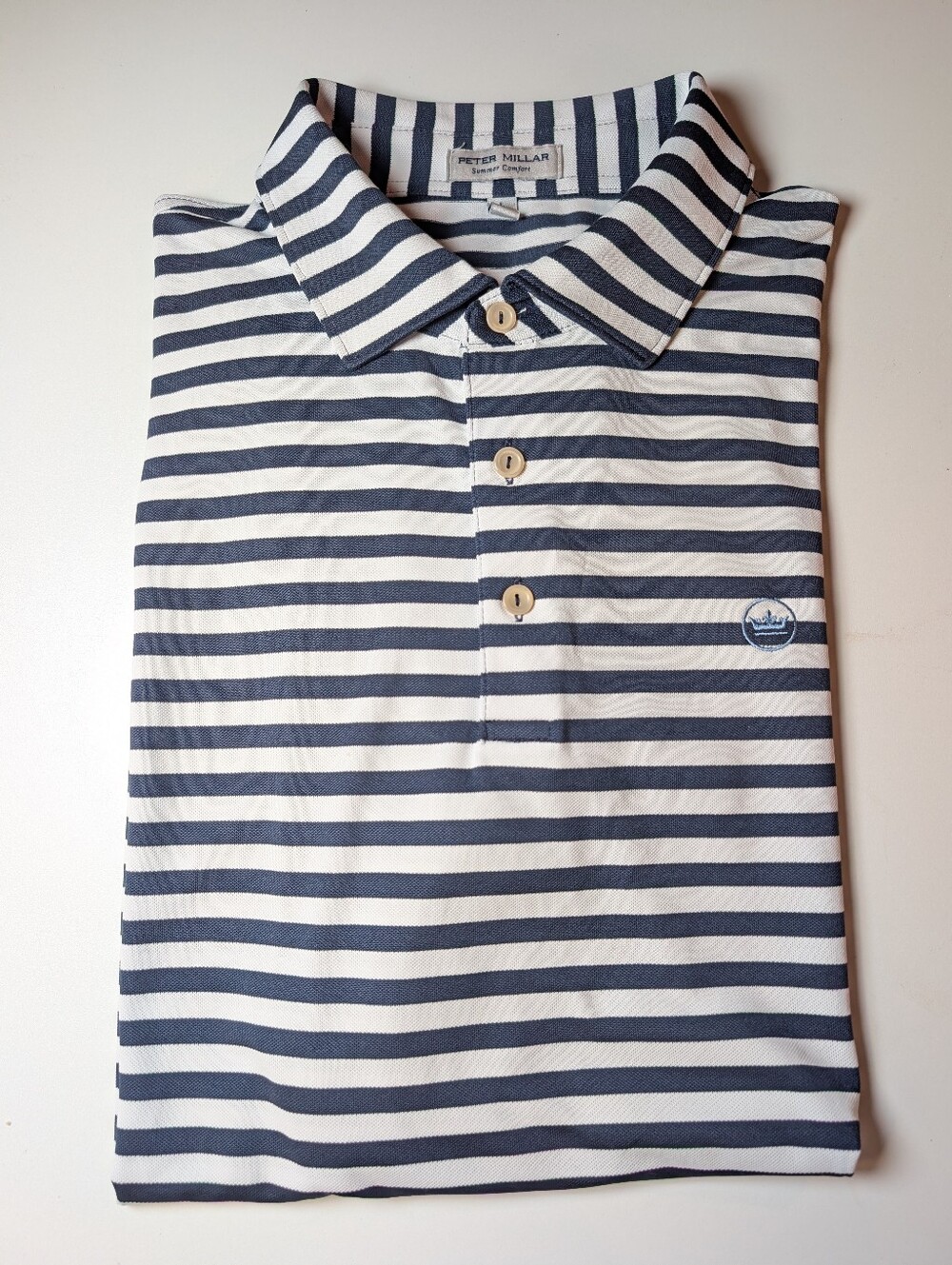Peter Millar Summer Comfort Navy Blue/White Striped Polo Size Large EUC